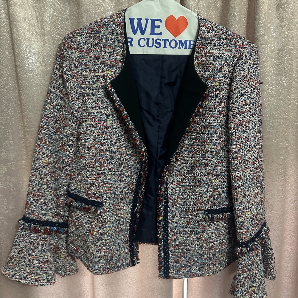 Tahari Tweed Modern Blue and Multicolor Blazer with Tailored Fit